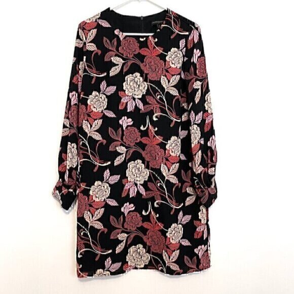 BANANA REPUBLIC Factory Black Mauve Rose Pink Tan Floral Long Sleeve Shift Dress - Picture 1 of 13